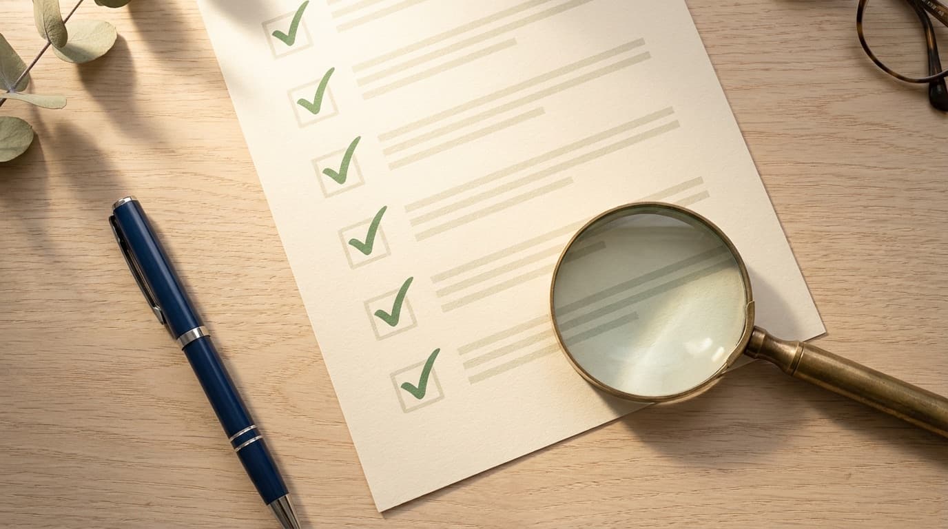 Checkliste auf einem Holztisch mit Lupe und Kugelschreiber