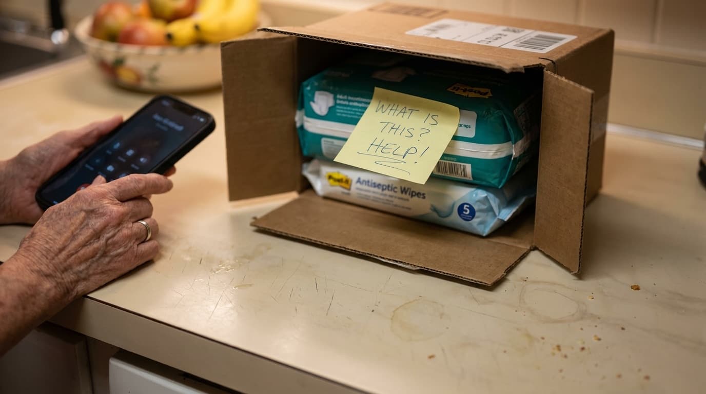 Unbestelltes Paket auf einem Küchentisch, eine ältere Hand greift zum Telefon