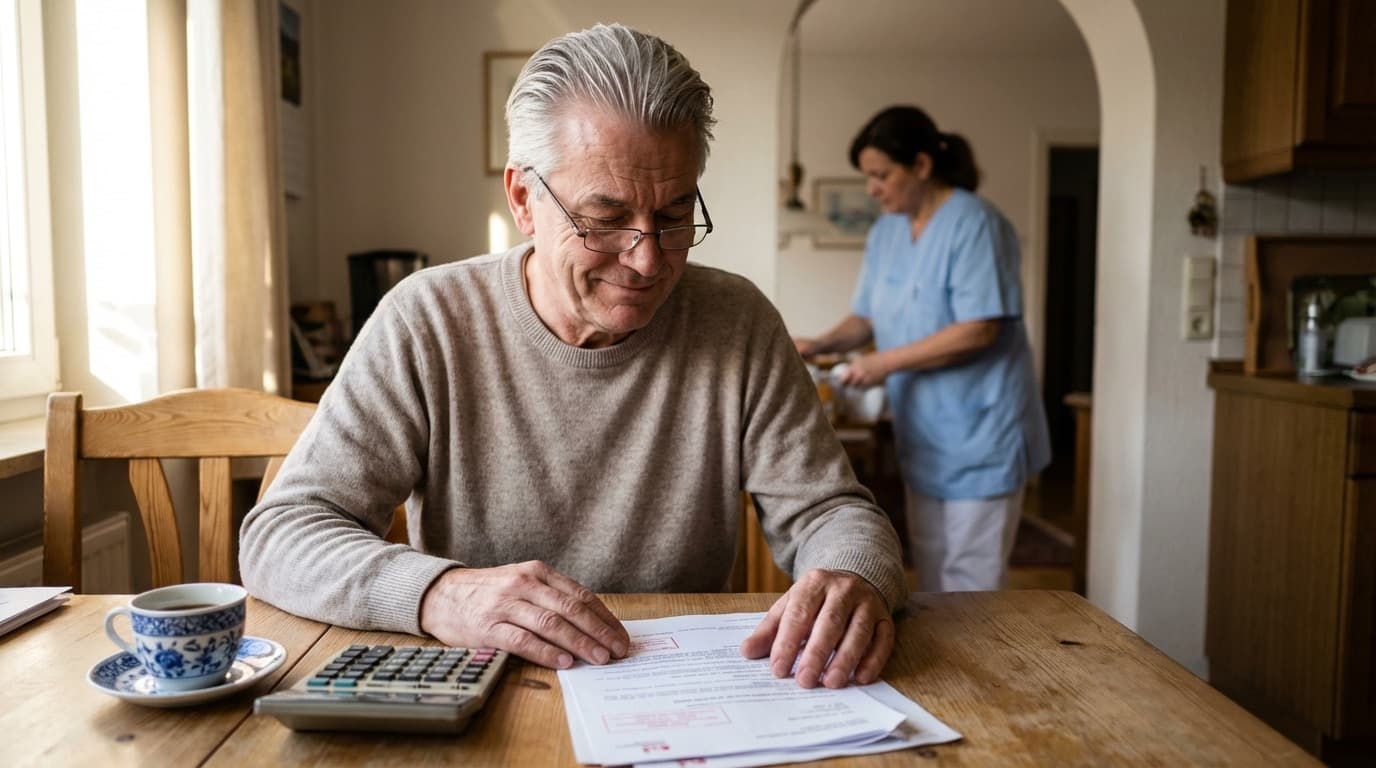 Älterer Mann prüft Pflegeunterlagen am Küchentisch – im Hintergrund hilft eine Pflegekraft