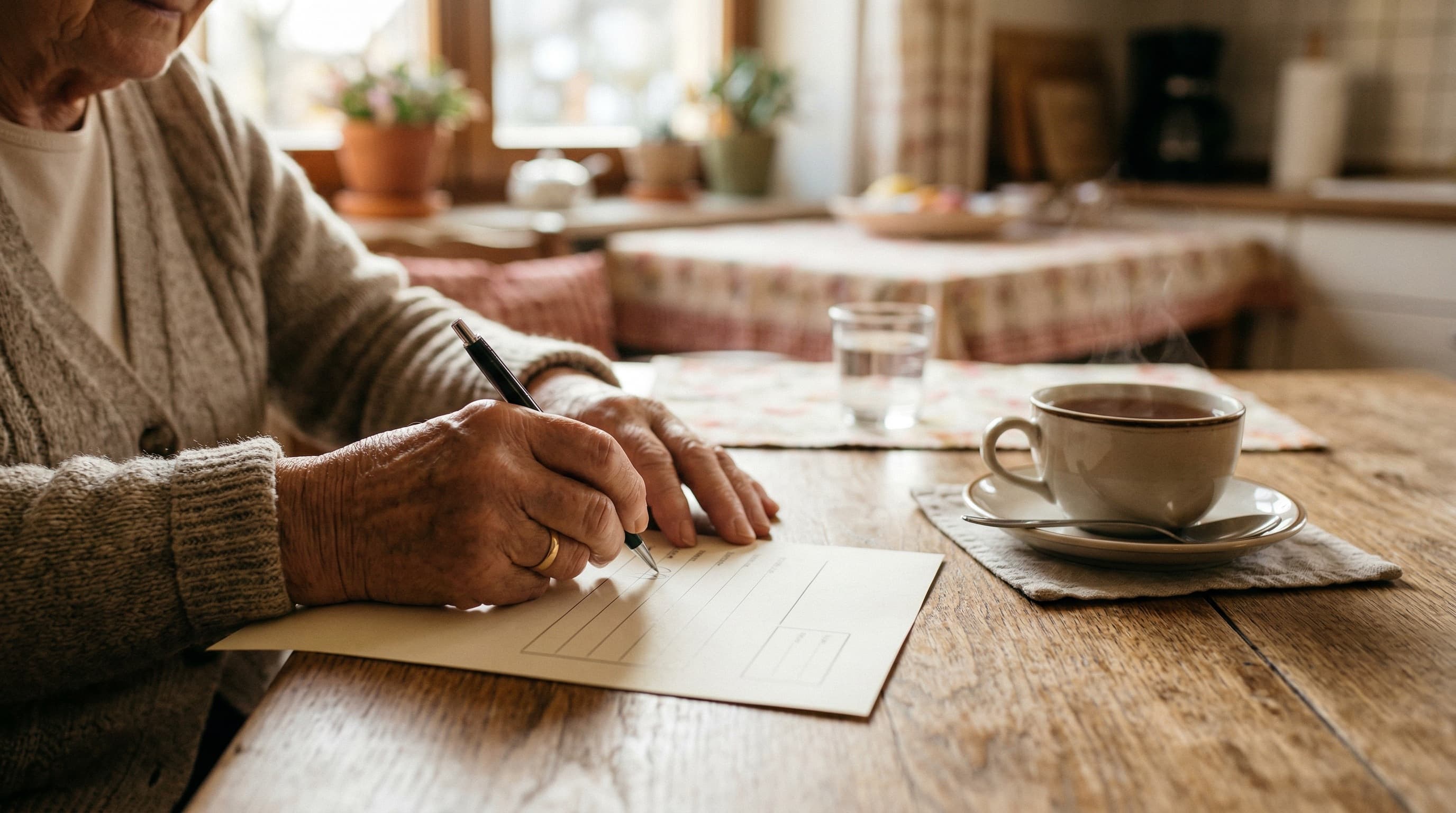 Ältere Person füllt einen Pflegebox-Antrag am Küchentisch aus, daneben eine Tasse Tee
