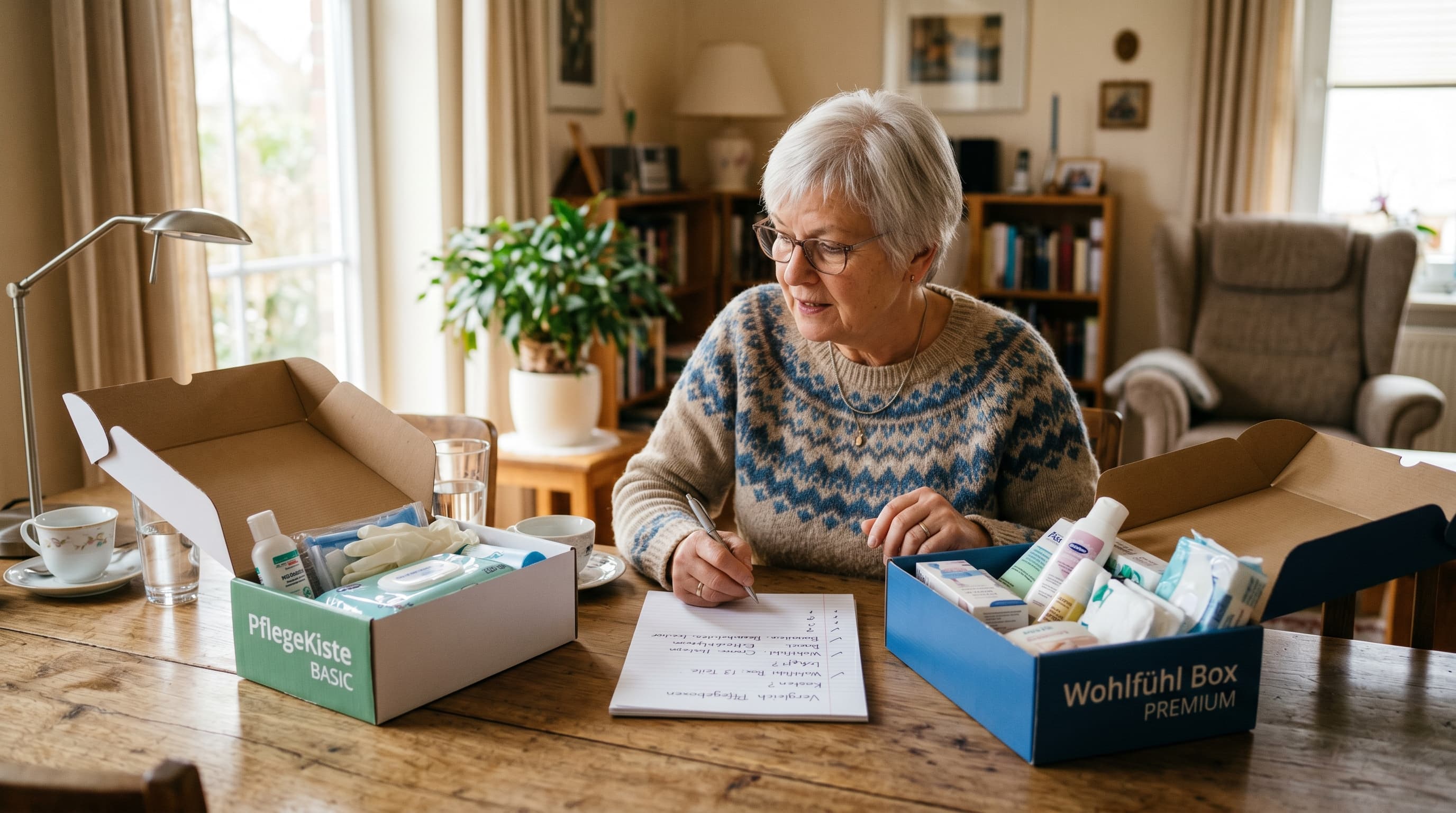 Pflegebox wechseln — Sohn hilft seinem Vater beim Auspacken der neuen Pflegebox mit Pflegehilfsmitteln