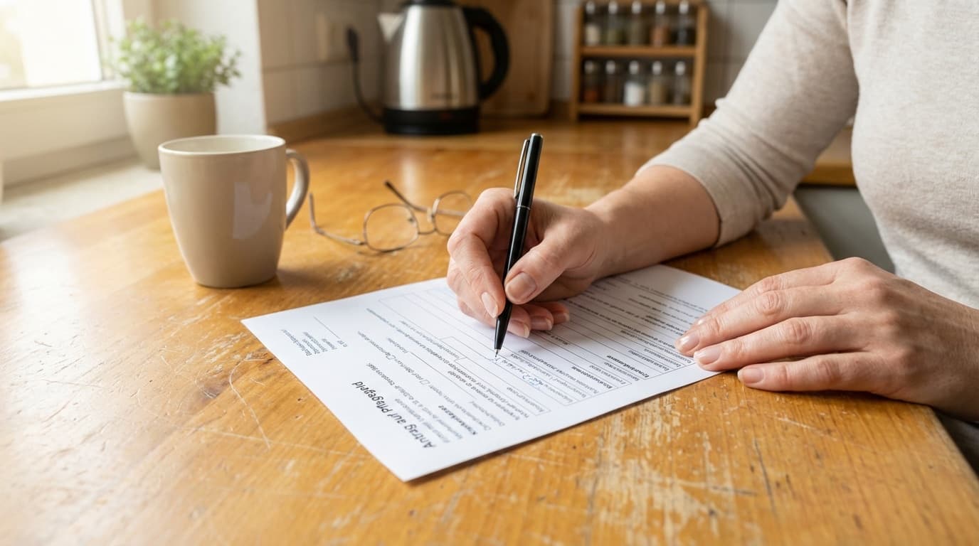 Hand füllt ein Antragsformular am Küchentisch aus, daneben steht eine Kaffeetasse