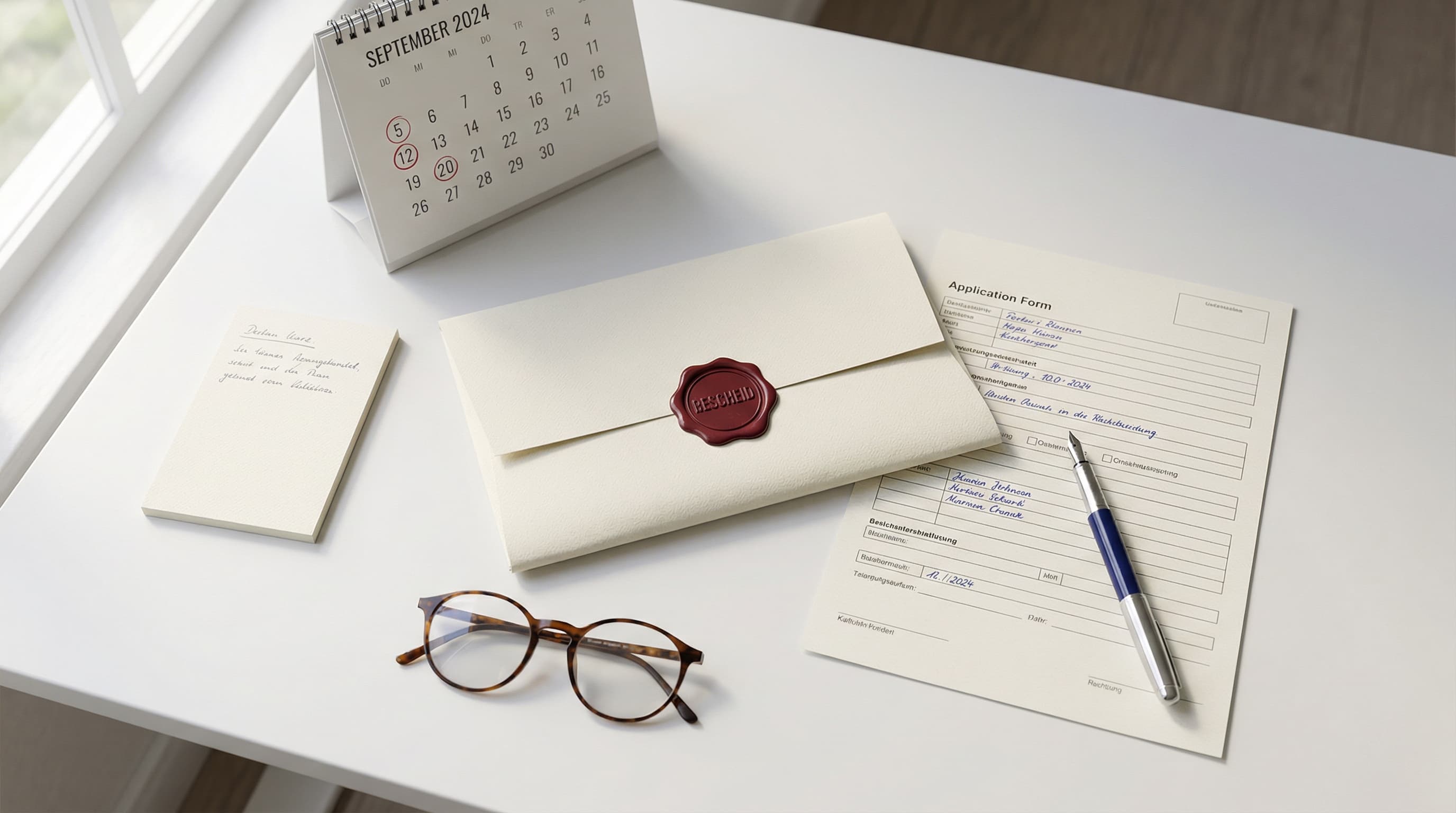 Flat-Lay mit Antragsformular, Stempel, Brief und Kalender auf einem Schreibtisch