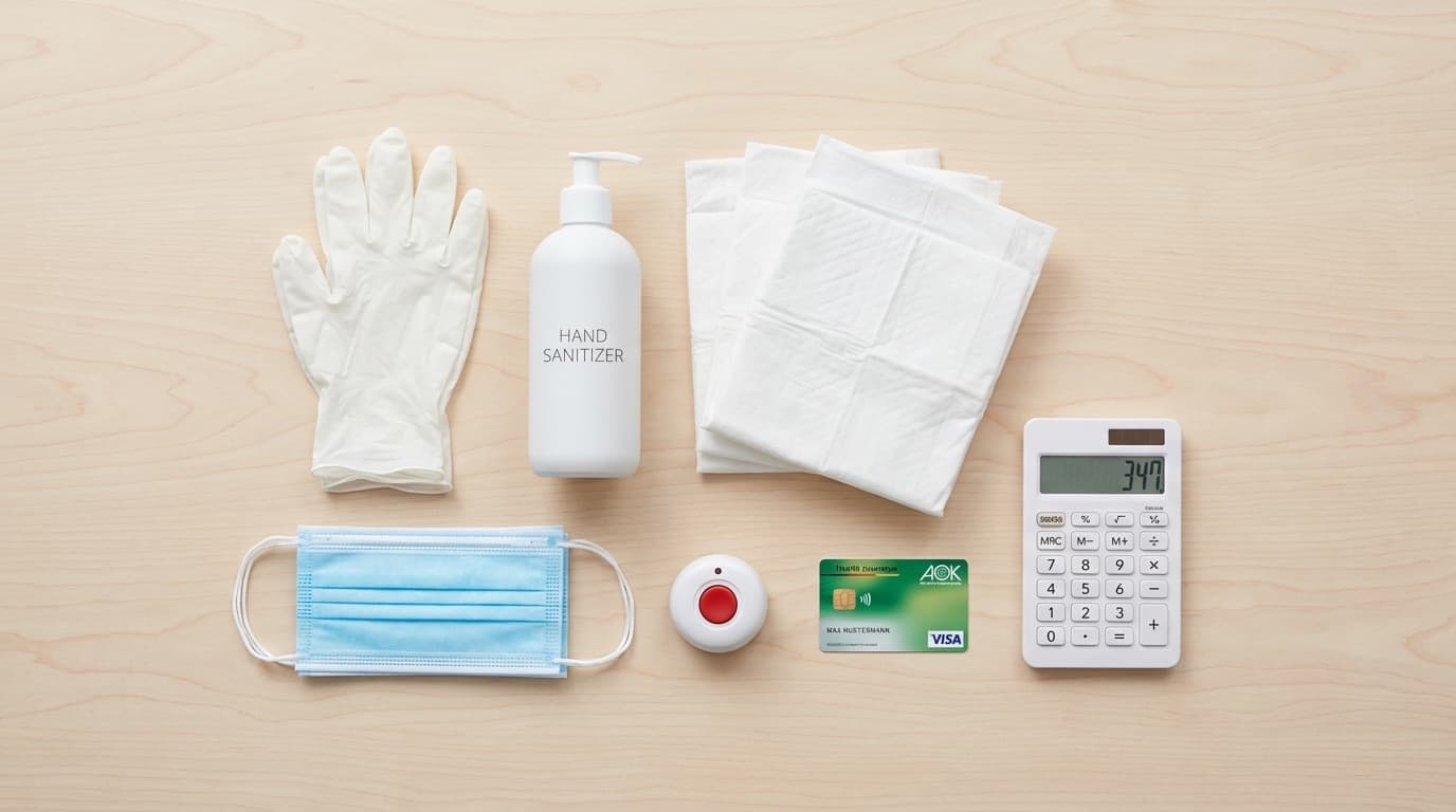 Flat-Lay mit Pflegeutensilien, Taschenrechner und Versichertenkarte auf einem Holztisch