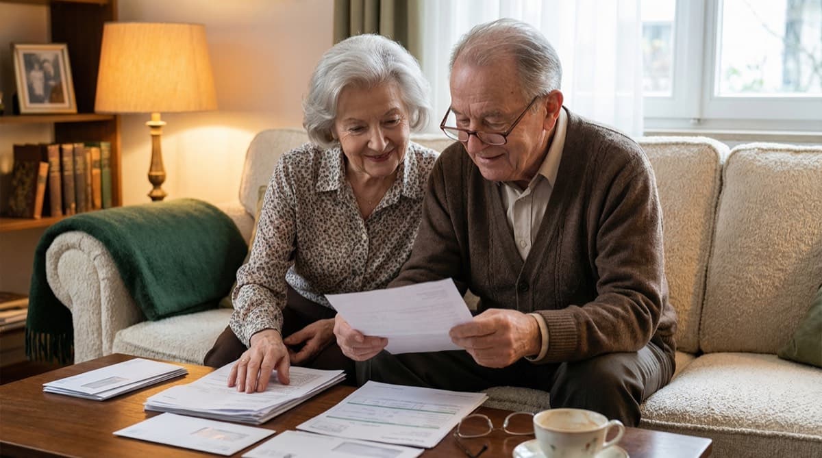 Älteres Ehepaar sortiert gemeinsam Unterlagen und Anträge am Wohnzimmertisch
