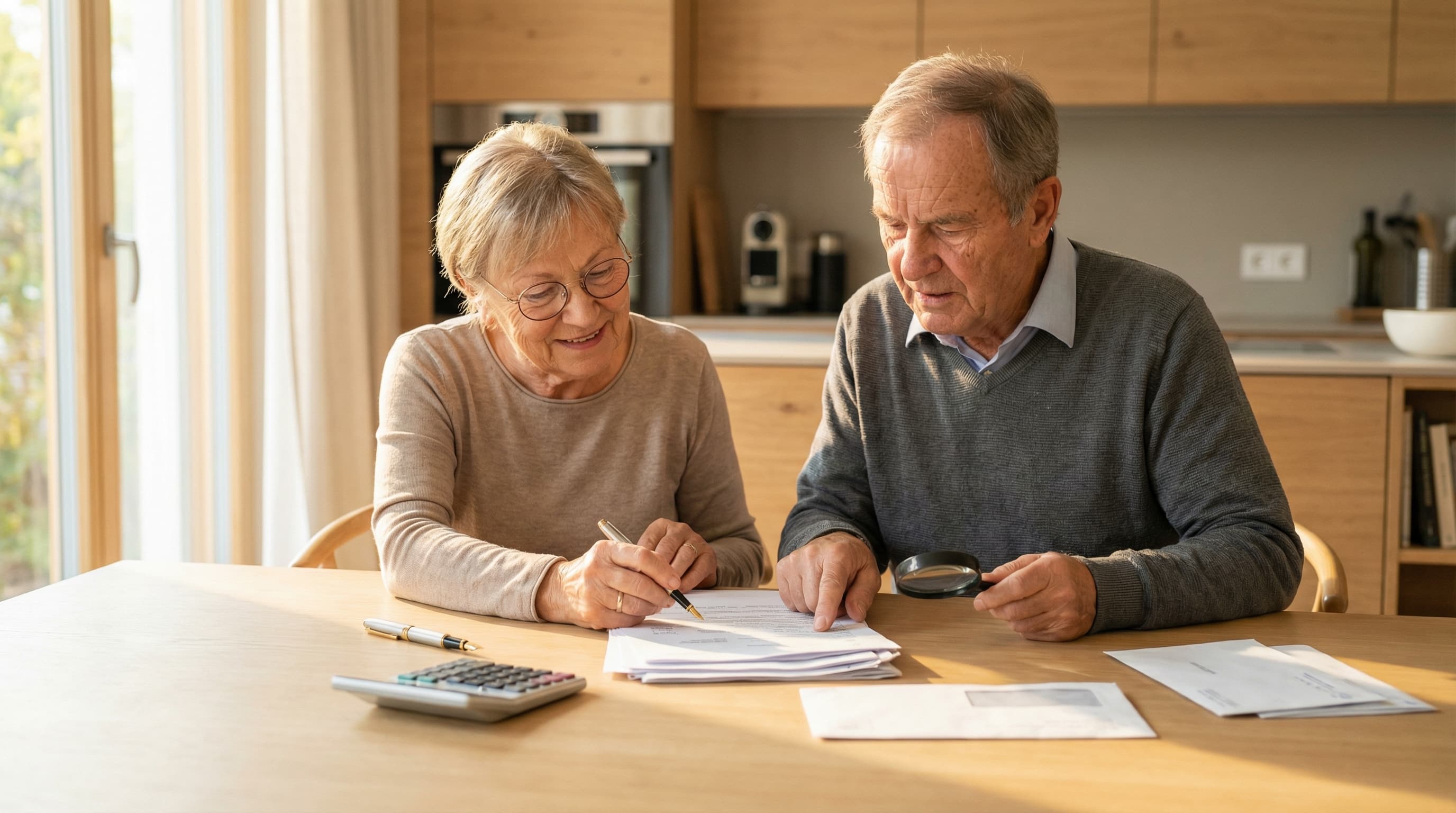 Älteres Ehepaar sortiert gemeinsam Unterlagen und Anträge am Wohnzimmertisch