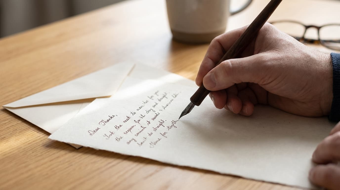 Hand schreibt einen formlosen Antrag auf Pflegegeld auf weißem Papier