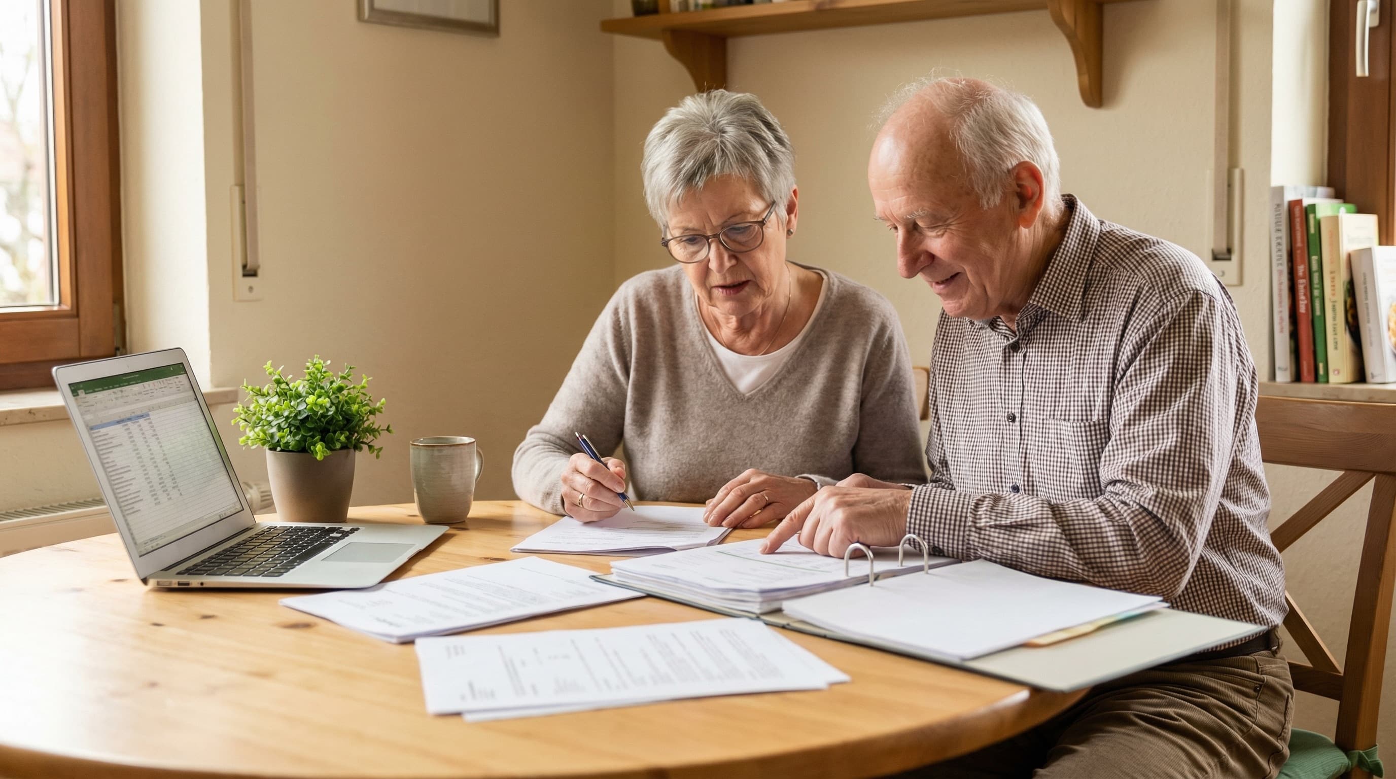 Älteres Paar prüft gemeinsam Finanzunterlagen am Küchentisch
