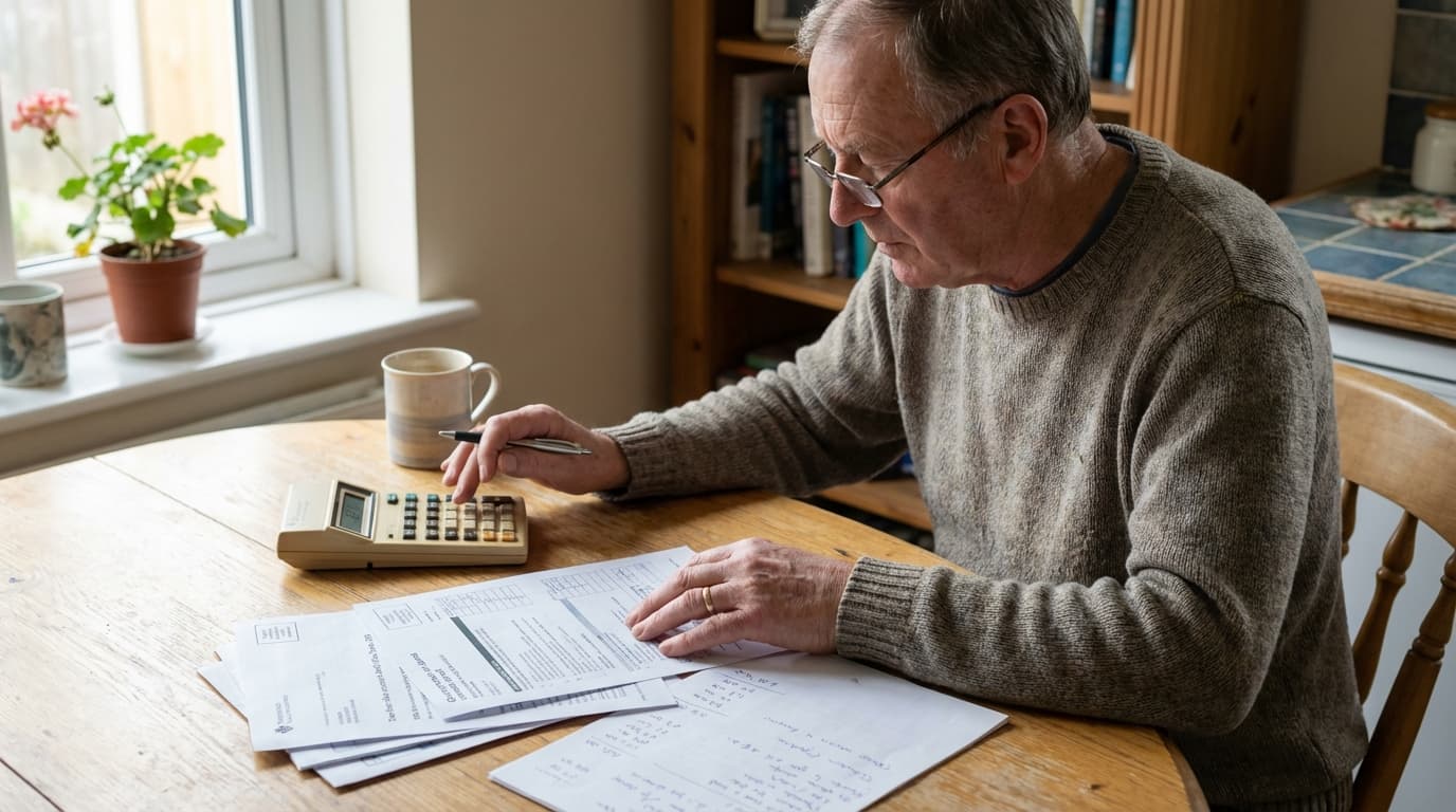 Senior berechnet Pflegeleistungen am Küchentisch mit Taschenrechner und Dokumenten