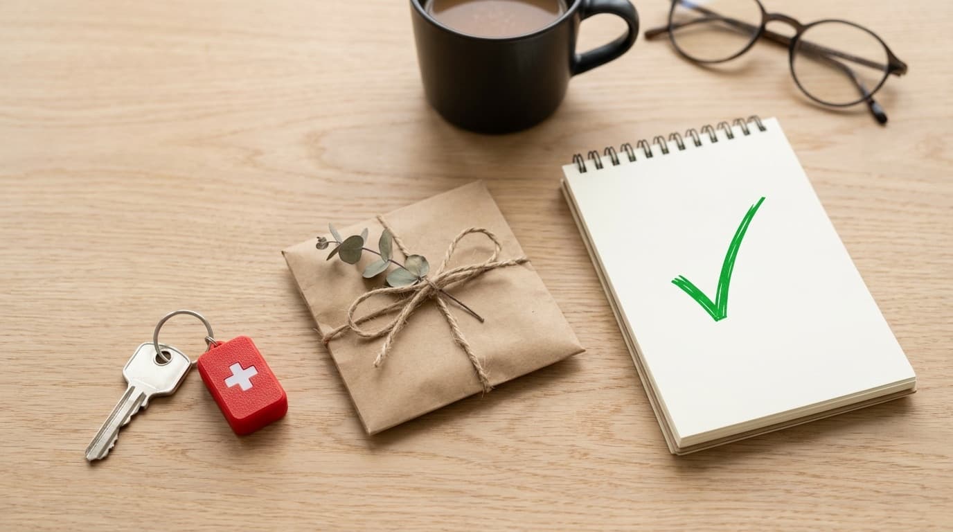 Flat-Lay mit Hausnotruf-Schlüsselanhänger, Pflegepaket und Notizblock als Symbole für Pflegeleistungen