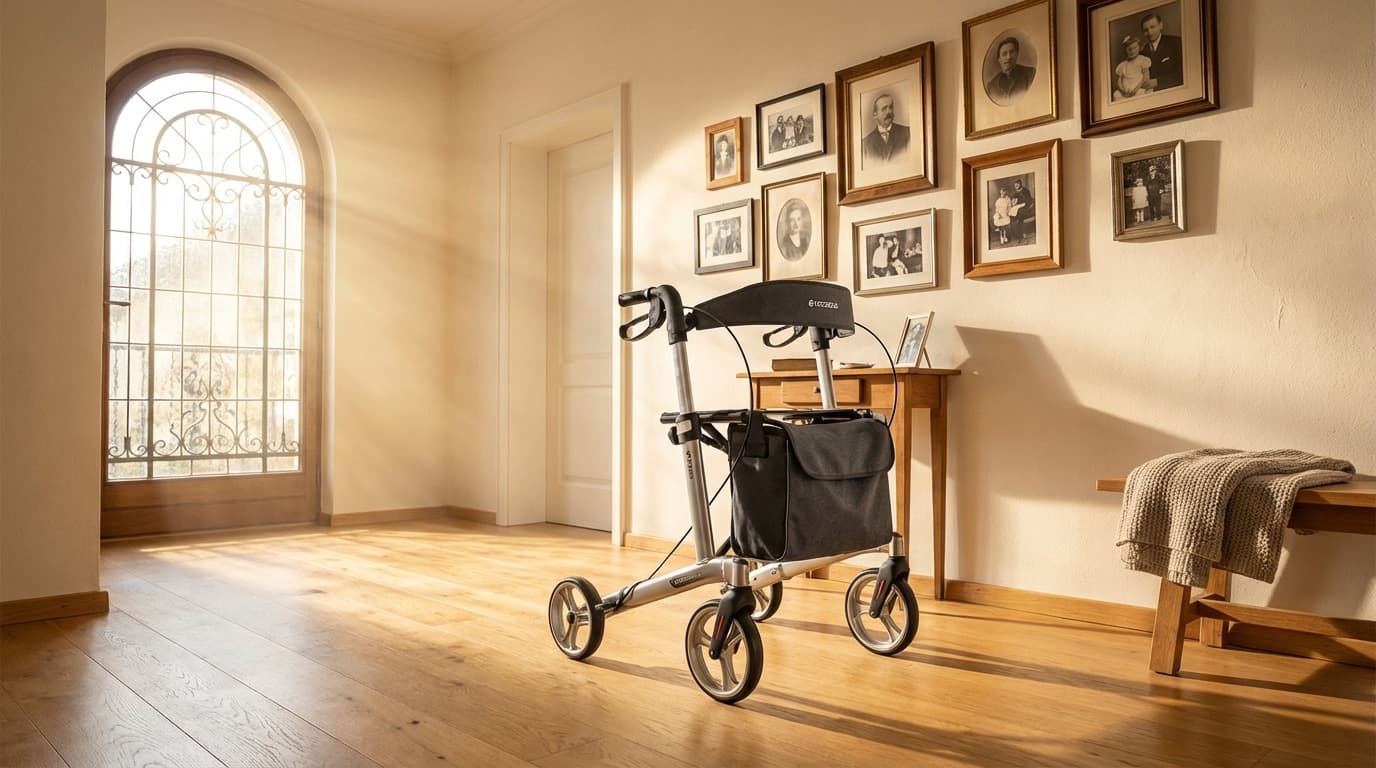 Rollator in einem hellen Flur — Hilfsmittel für Mobilität bei Pflegegrad 3