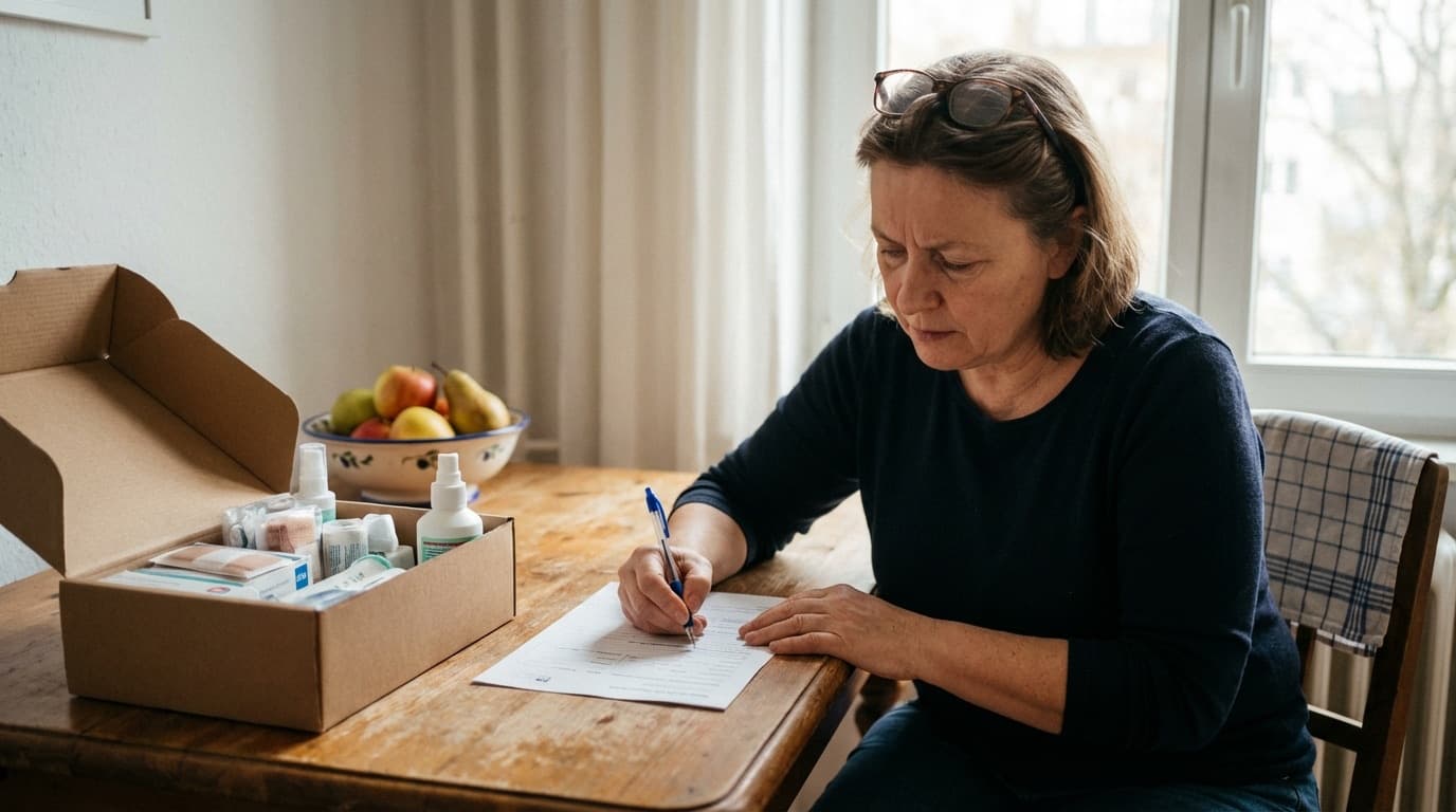 Frau füllt am Küchentisch ein Antragsformular für die Pflegebox aus, daneben steht ein Karton mit Pflegehilfsmitteln