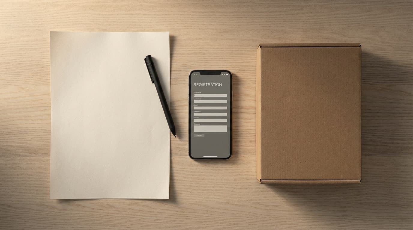 Flat-Lay: Antragsformular, Smartphone mit Online-Formular und verpackte Pflegebox auf einem Holztisch