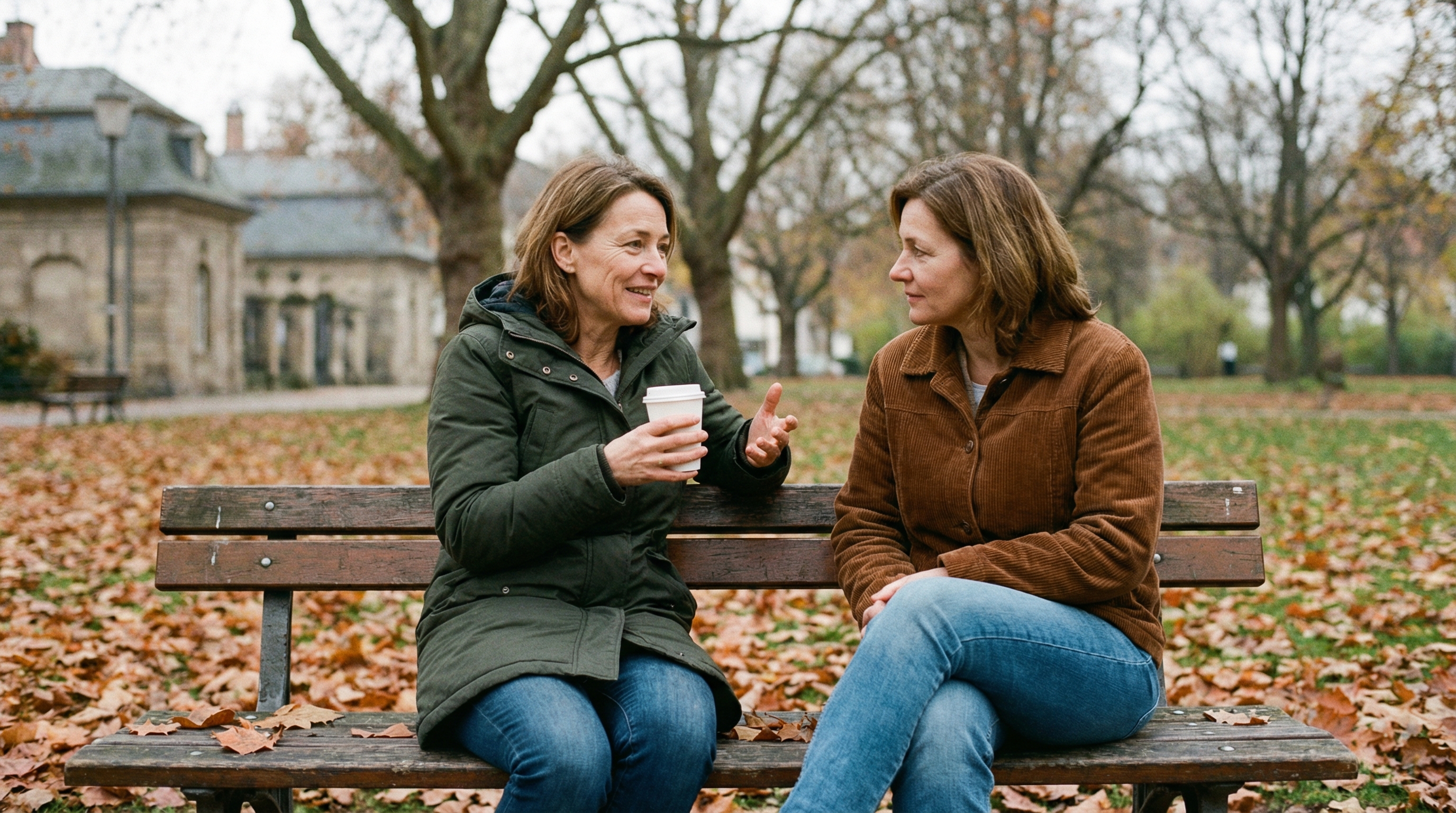 Zwei pflegende Angehörige trösten sich gegenseitig — echte Verbundenheit