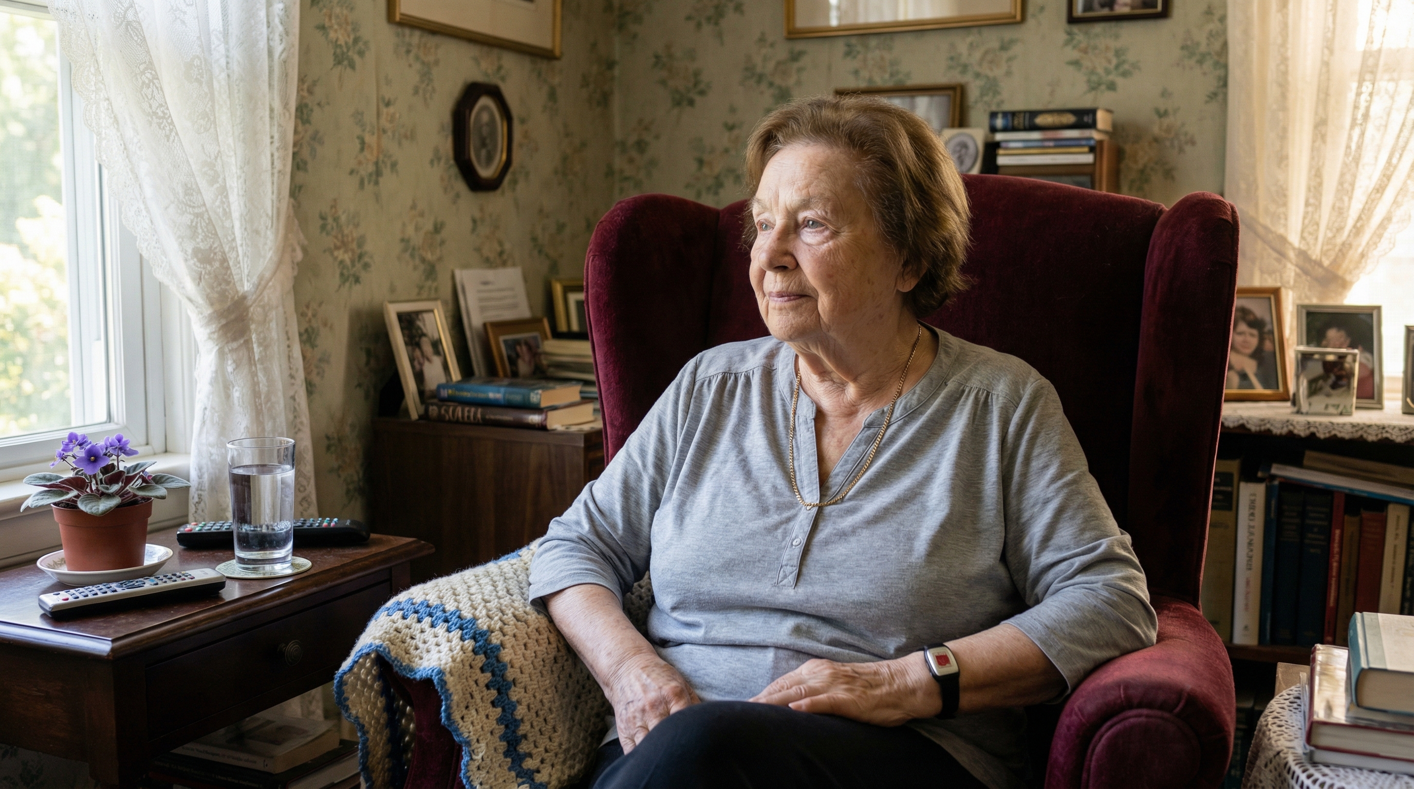 Seniorin mit Hausnotruf-Knopf sitzt entspannt im Sessel — Sicherheit auf Knopfdruck