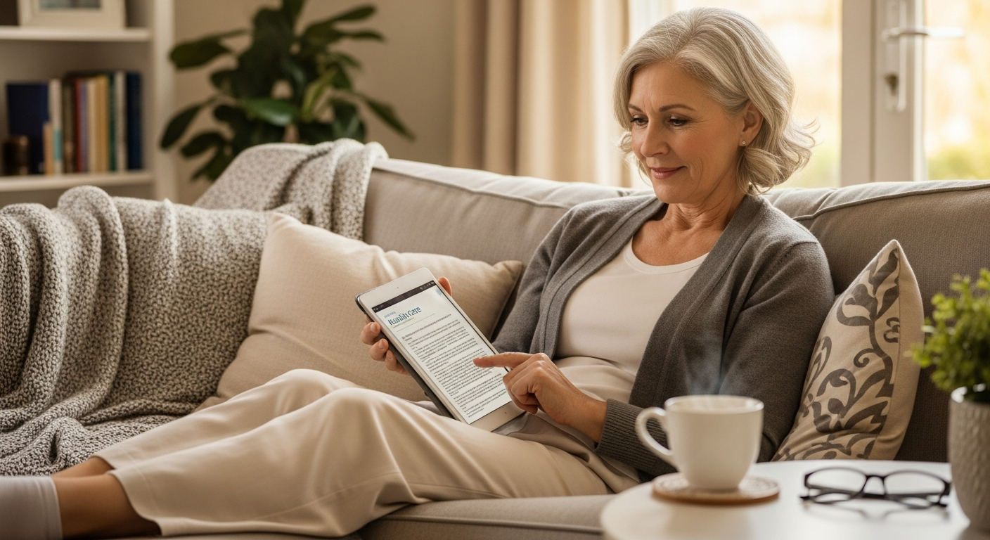 Frau liest Pflegekompass Ratgeber auf dem Tablet