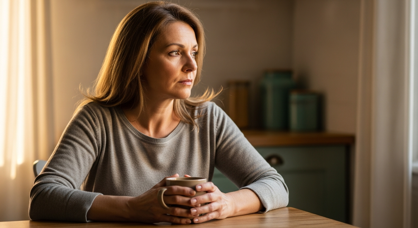 Pflegende Angehörige sitzt nachdenklich am Küchentisch — der unsichtbare Alltag der häuslichen Pflege