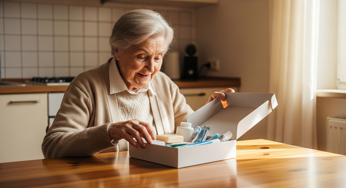 Seniorin öffnet ihre monatliche Pflegebox mit Pflegehilfsmitteln